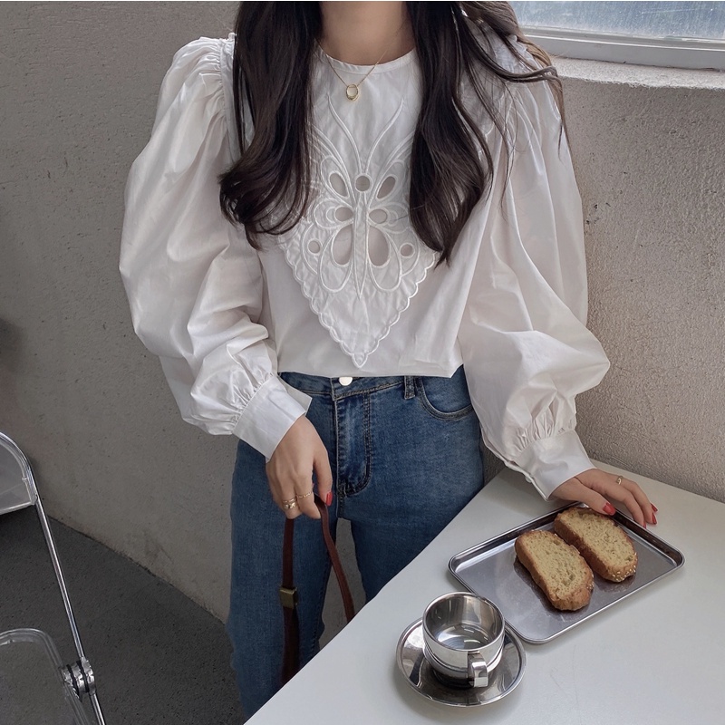 Áo sơ mi trắng kiểu cổ ren tay bồng tiểu thư phong cách Hàn Quốc ulzzang
