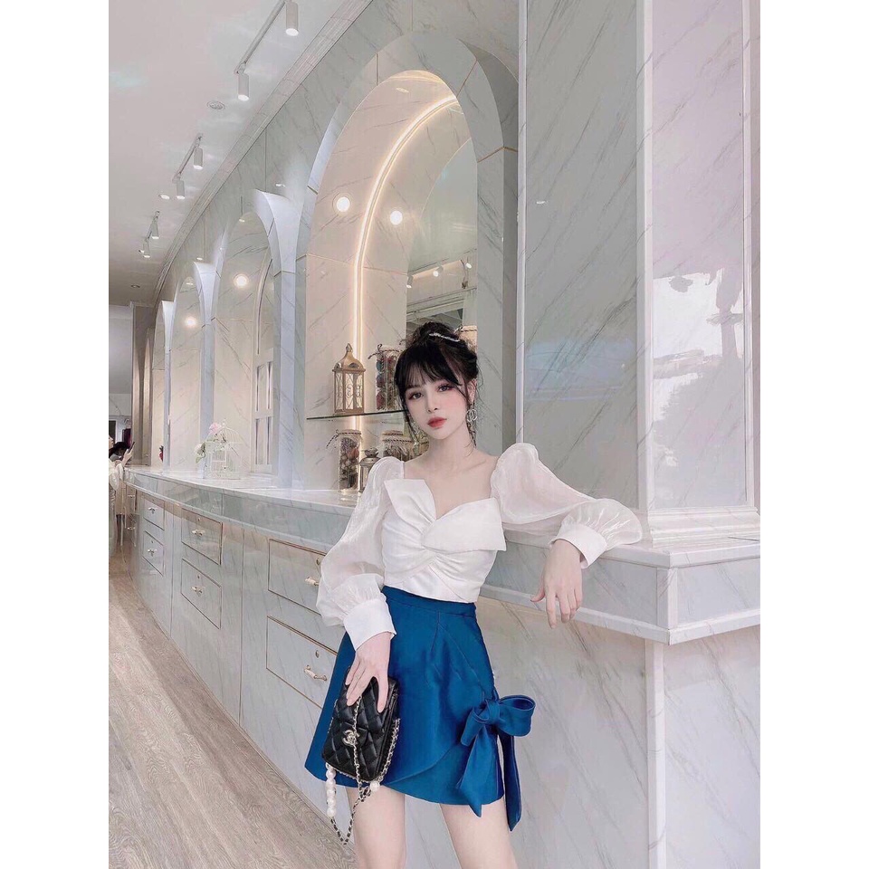 Sét Đồ Bộ Kiểu Nữ Thiết Kế Sang Chảnh Hot Trend Hàn Quốc Áo Tay Dài Xoắn Ngực & Chân Váy Phối Nơ