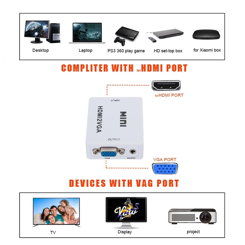 Adapter kết nối HD 1080P MINI HDMI với VGA cho Xbox360 PC DVD PS3