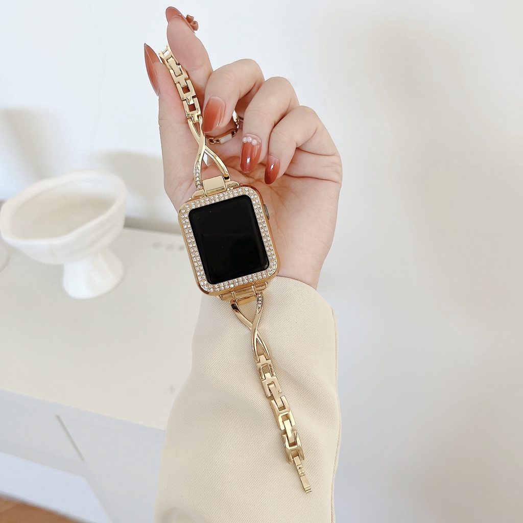 Dây đeo kim loại sợi xích nhỏ + ốp thích hợp cho đồng hồ Apple watch serise 7 6 5 4 SE 3 2 1 iWatch 38mm 40mm 42mm 44mm