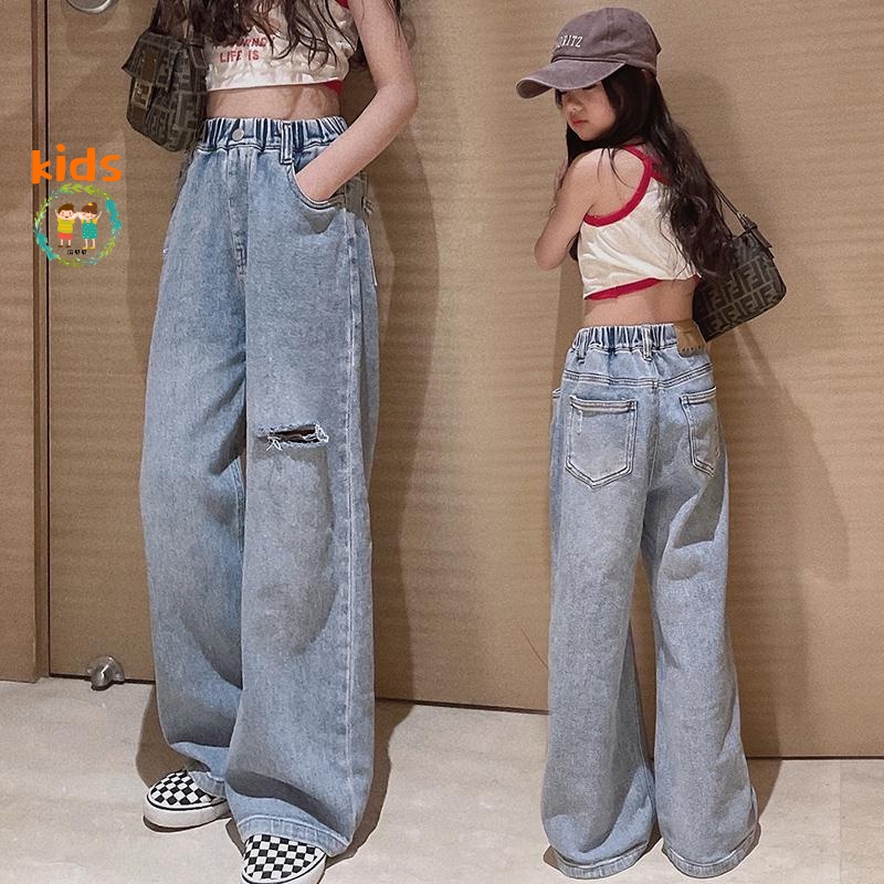 ✶❉Quần Jean Ống Rộng Phối Rách Kiểu Mới Cho Bé Gái 5-8 - 10-12 - 13-15 Tuổi