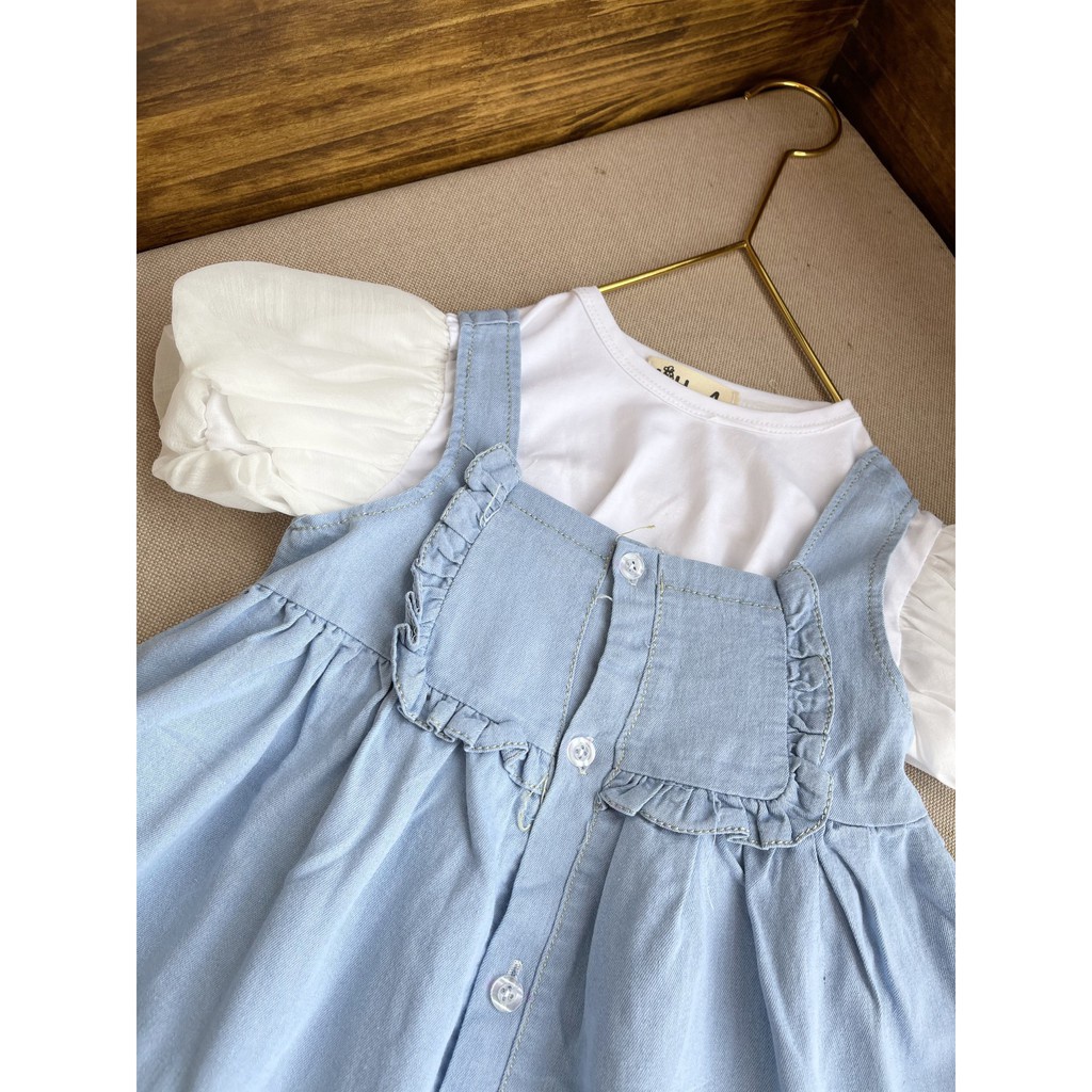 Váy cộc tay bé gái set áo tay bồng kết hợp váy jean dáng váy xinh xắn cho bé gái size 1 - 6 tuổi