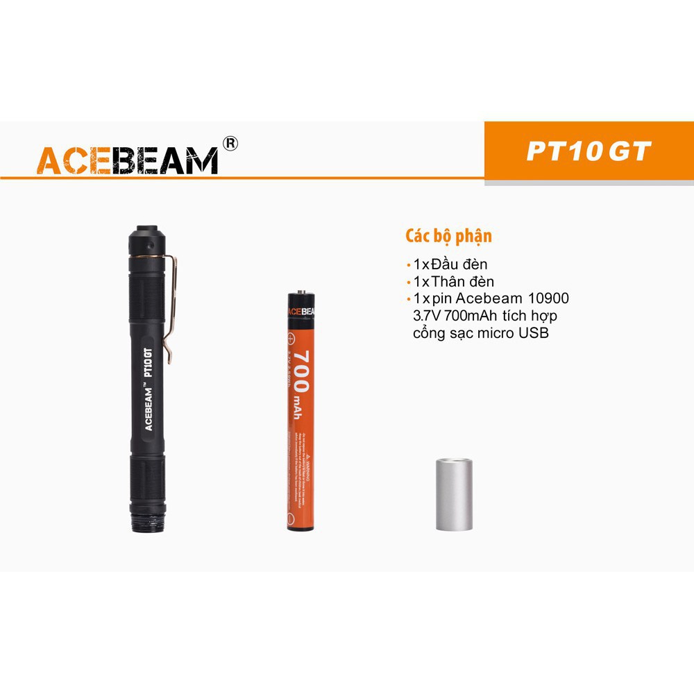 Đèn bút ACEBEAM PT10GT LED OSRAM sáng 250lumen chiếu xa 123m pin Li-ion 10900 USB kèm theo Đèn &amp; Đèn pin