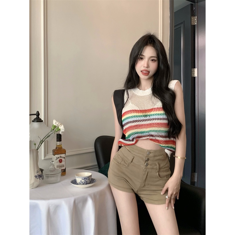 Áo Thun Dệt Kim Sát Nách Họa Tiết Sọc Cầu Vồng Thời Trang Mùa Hè Phong Cách Hàn Quốc Cho Nữ