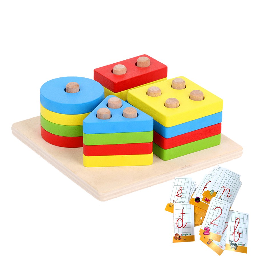 Bộ xếp hình montessori thả khối 4 cọc trụ bằng gỗ