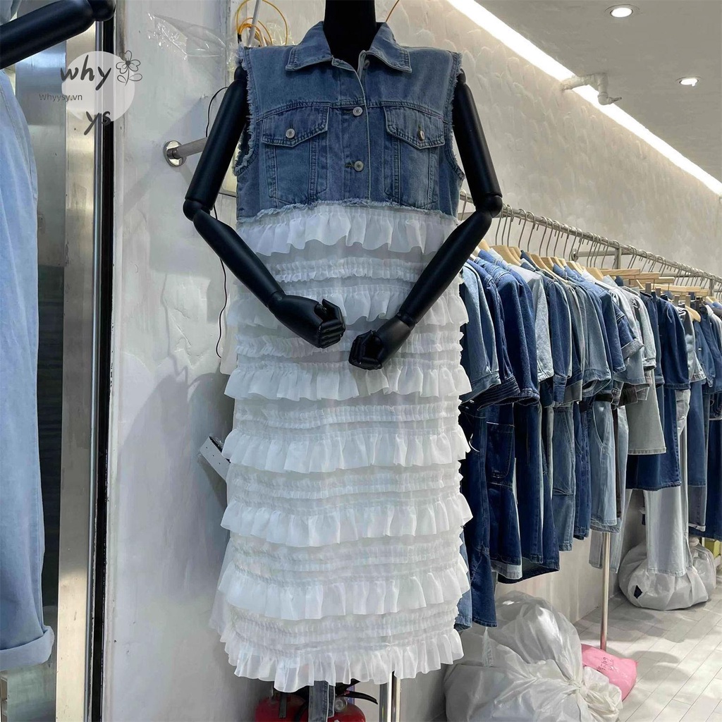Đầm Chiffon Phối Denim Dáng Rộng Sát Nách Phối Denim Thời Trang Cho Nữ