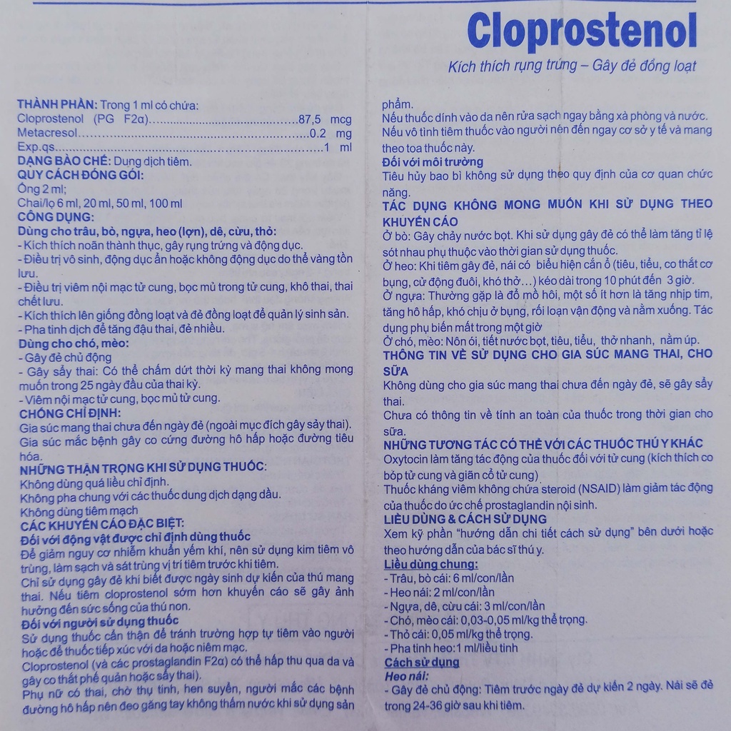 1 ống Cloprostenol 2ml Kích thích lên giống, gây rụng trứng và động dục, cho đẻ theo yêu cầu