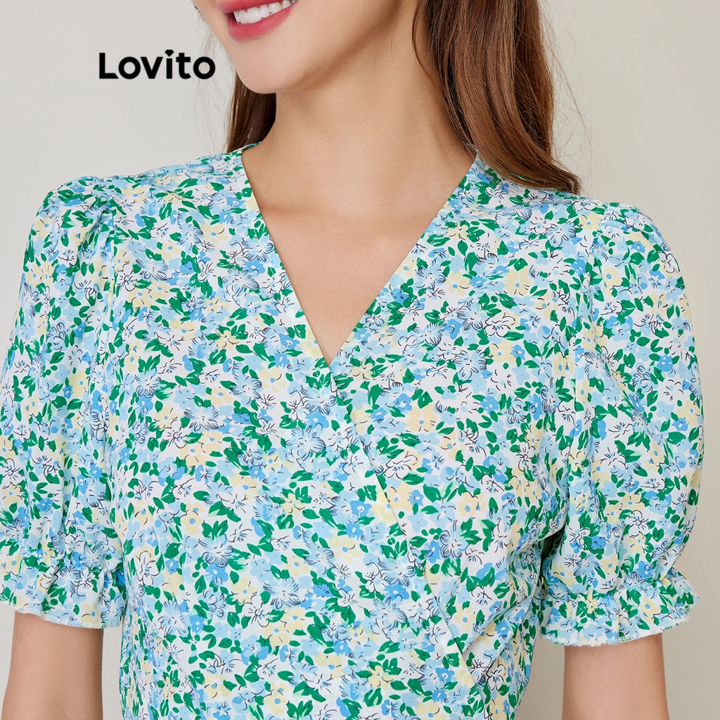 Đầm Lovito tôn dáng tay phồng in hoa phong cách thường ngày L27AD065 (màu xanh lam)