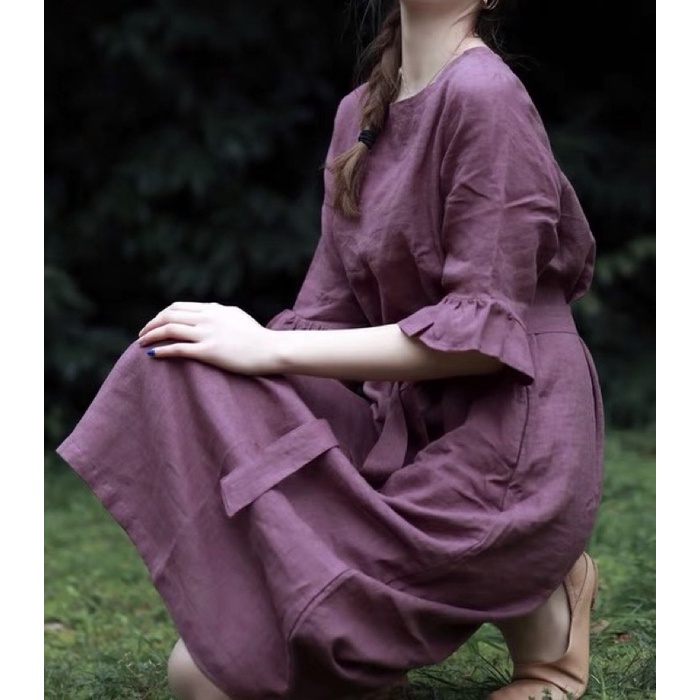 Đầm linen tưng tay xoè thắt eo - Đầm 2 lớp