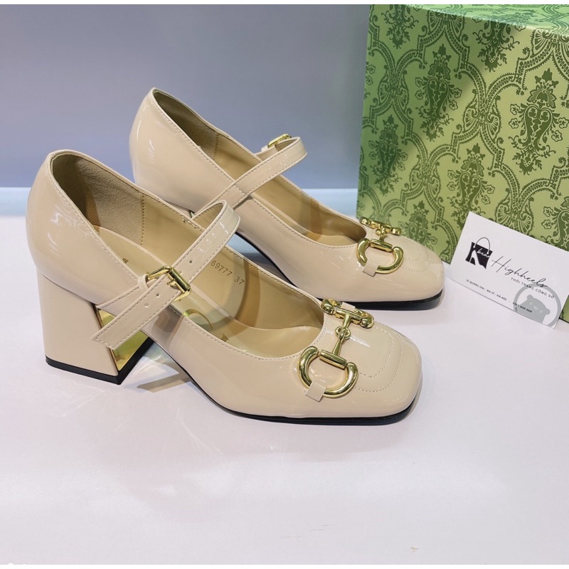 Giày cao gót qccc đế vuông 7cm Gucci. màu kem (Hàng Full Box - full phụ kiện]