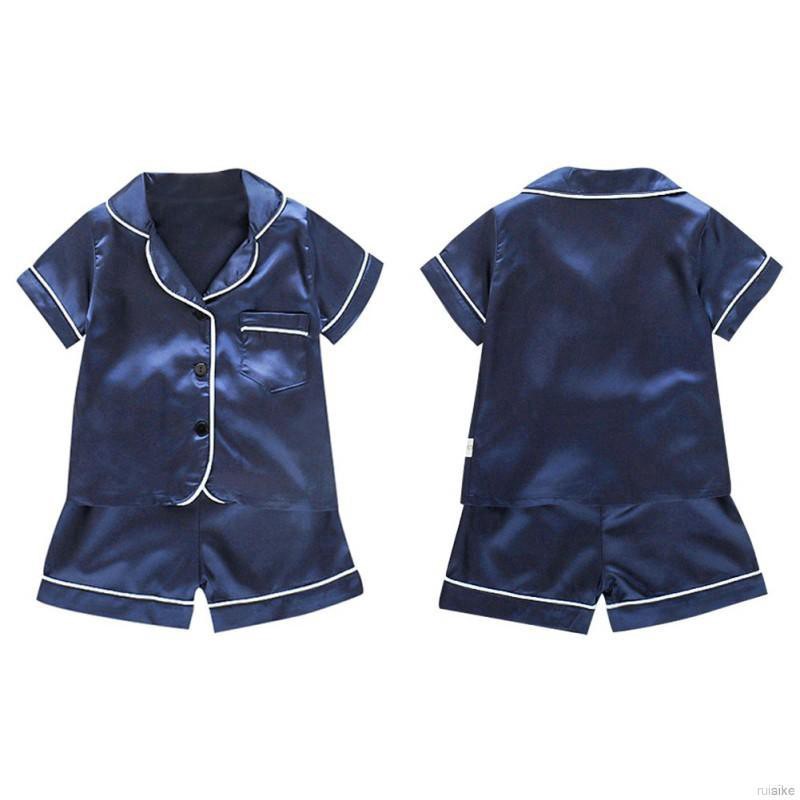 ruiaike  Baby Kids Silk Satin Pajamas Set Short Sleeve Blouse Tops + Shorts Boys Girls Sleepwear