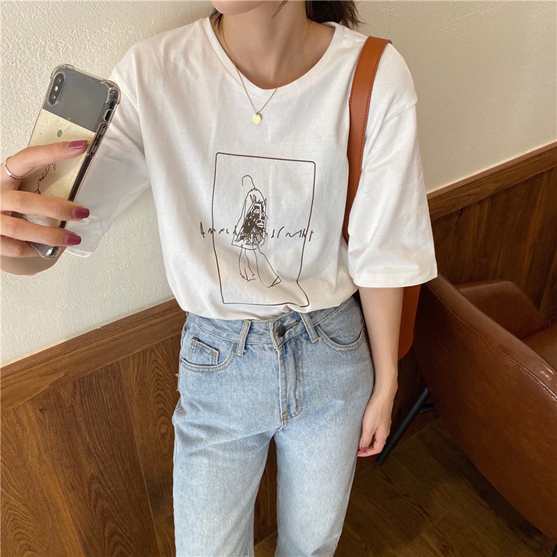Áo Thun Tay Ngắn Dáng Rộng In Họa Tiết Hoạt Hình Phong Cách Hàn Quốc Thời Trang Mùa Hè Cho Nữ