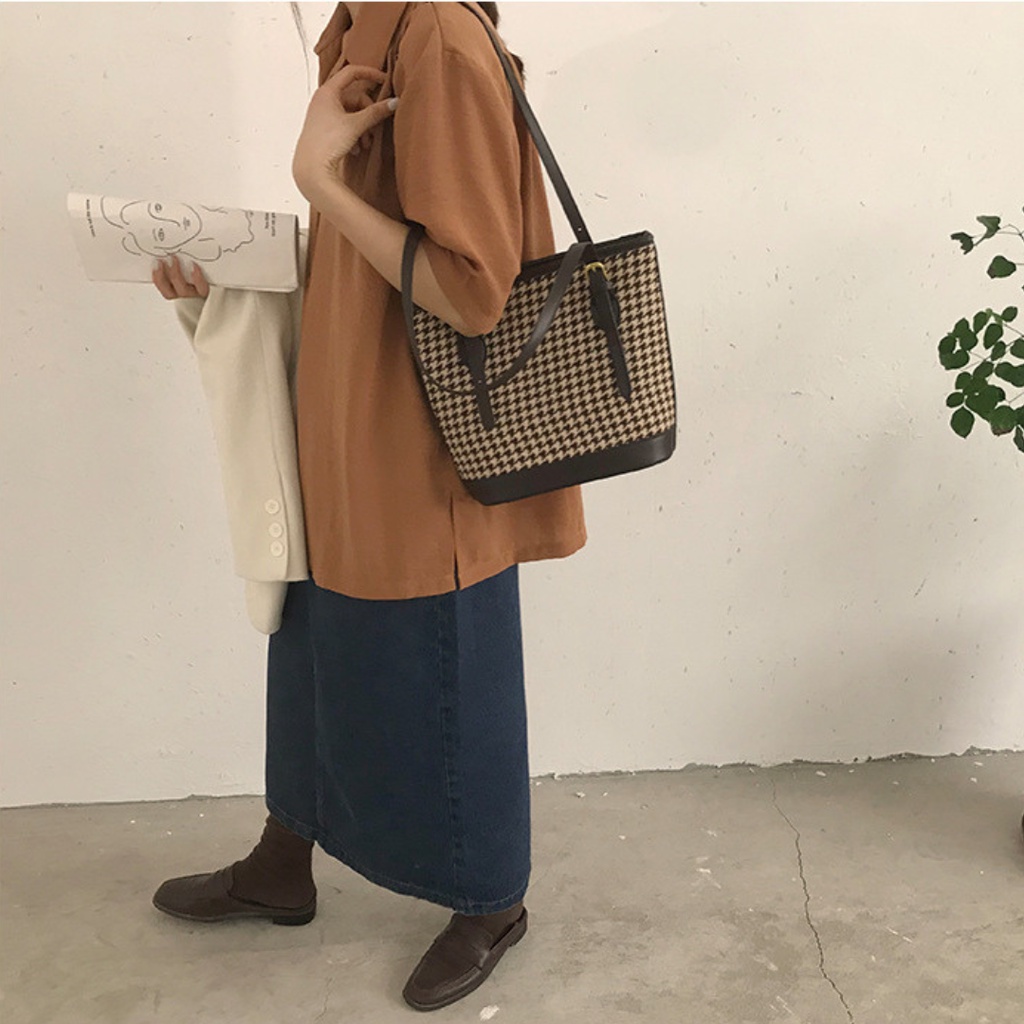 Túi xách nữ, túi tote đeo vai họa tiết houndstooth siêu hot La.orie - La025