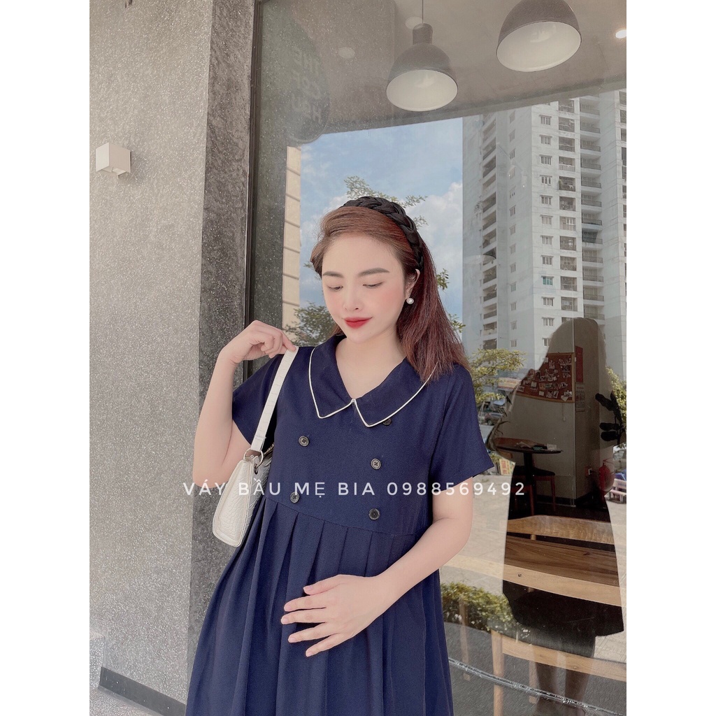Váy bầu bigsize 40-100kg Đầm bầu công sở Váy bầu đẹp màu xanh dáng baby doll cúc ngực cổ sen nhọn MB236