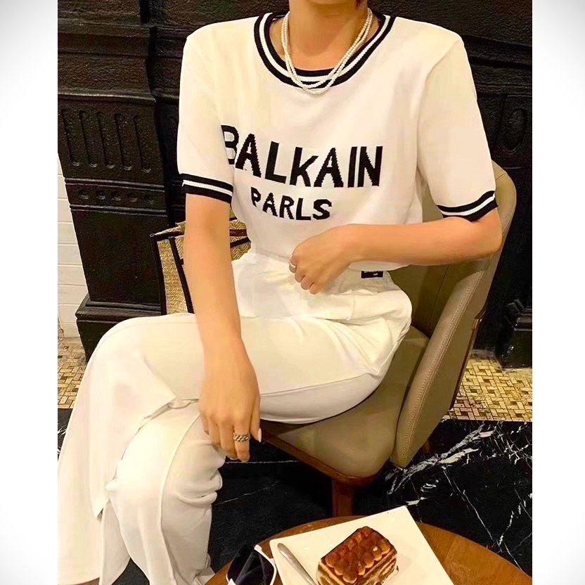 [L2M] Áo len nữ Montoghi dệt kim Quảng Châu in chữ BALKAIN cổ tròn cộc tay phối viền thanh lịch và xinh xắn