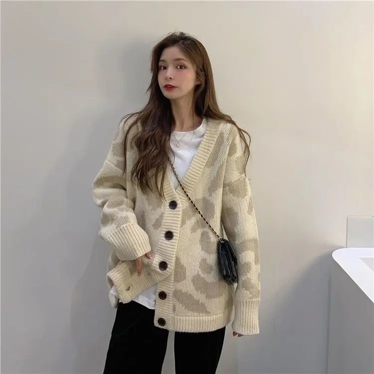 Áo Khoác Cardigan Dệt Kim Dày Dặn Họa Tiết Da Báo Phong Cách Hàn Quốc Thời Trang Xuân Thu Mới Cho Nữ