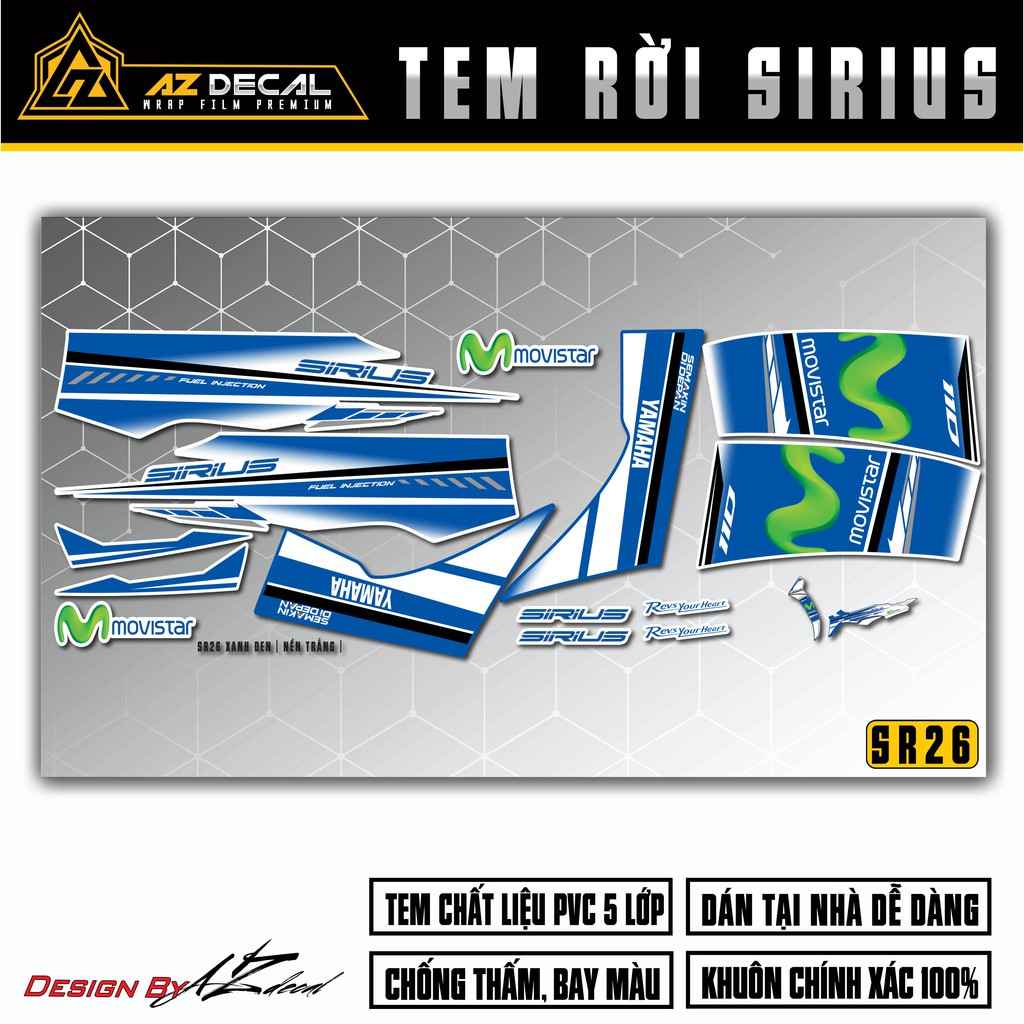 Tem Chế Xe Sirius RC Mẫu Movistar | SR26 | Decal Rời Chống Nước - Áp Dụng Màu Xe Đen Trắng Đỏ Xanh Xám