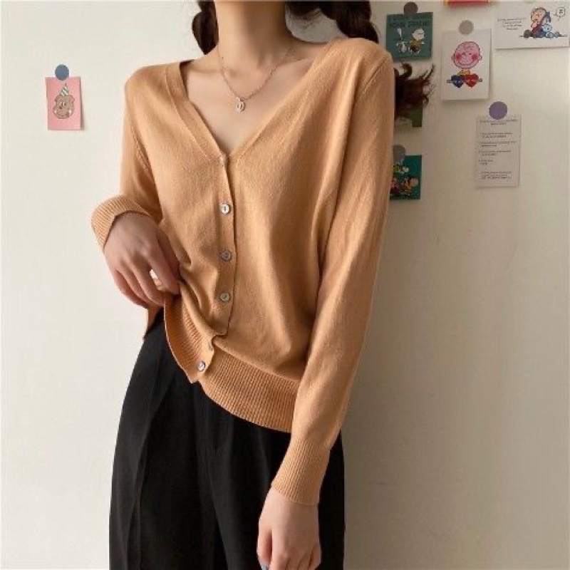 Áo khoác cardigan thun len nữ tay dài 7 cúc cổ tim