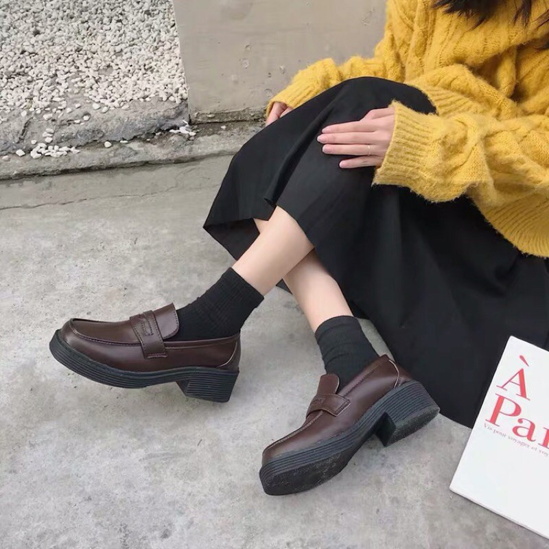 Giày loafer nữ oxford lolita ulzzang Nhật Bản búp bê mũi vuông đế cao da PU trơn đen nâu đồng phục JK Yannie