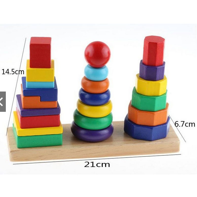 Đồ chơi tháp xếp chồng gỗ 3 cọc Montessori (size bé) cho đồ chơi mầm non