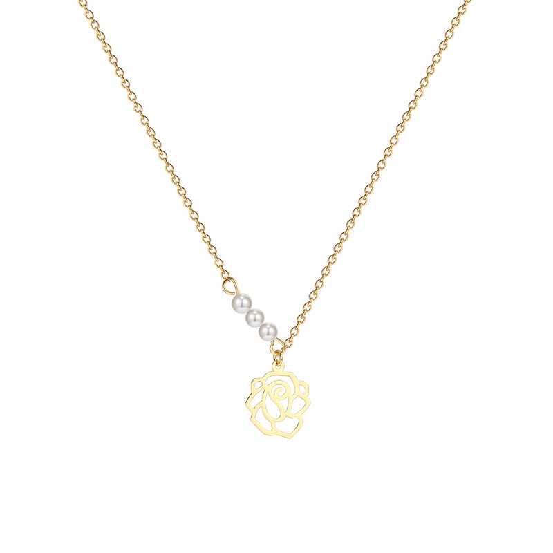 Vòng cổ Thép Titan Mặt Hoa Hồng Đính Ngọc Trai Nhân Tạo Thời Trang