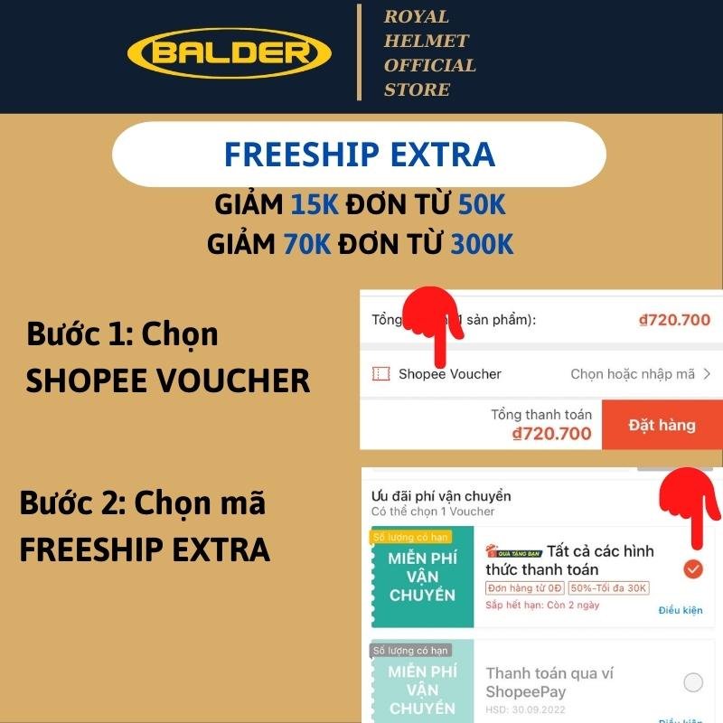 Mũ bảo hiểm 3/4 Balder light cam bóng, bảo hành 12 tháng chính hãng, size M L XL cho nam và nữ
