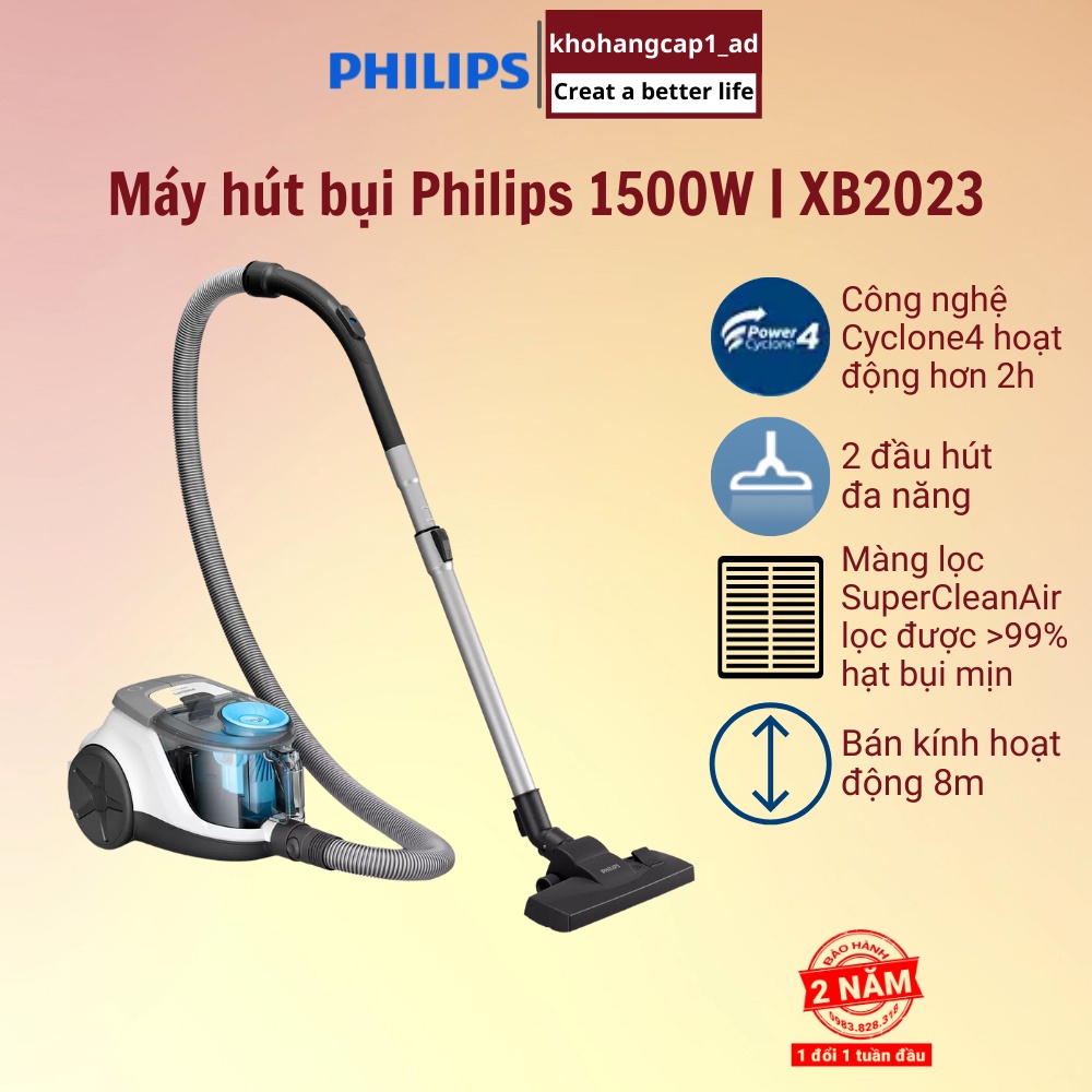 Máy hút bụi gia đình Philips công suất lớn 1500W có hộc chứa XB2023 /81 - BH 24 tháng 1 đổi 1 tuần đầu - khohangcap1_ad