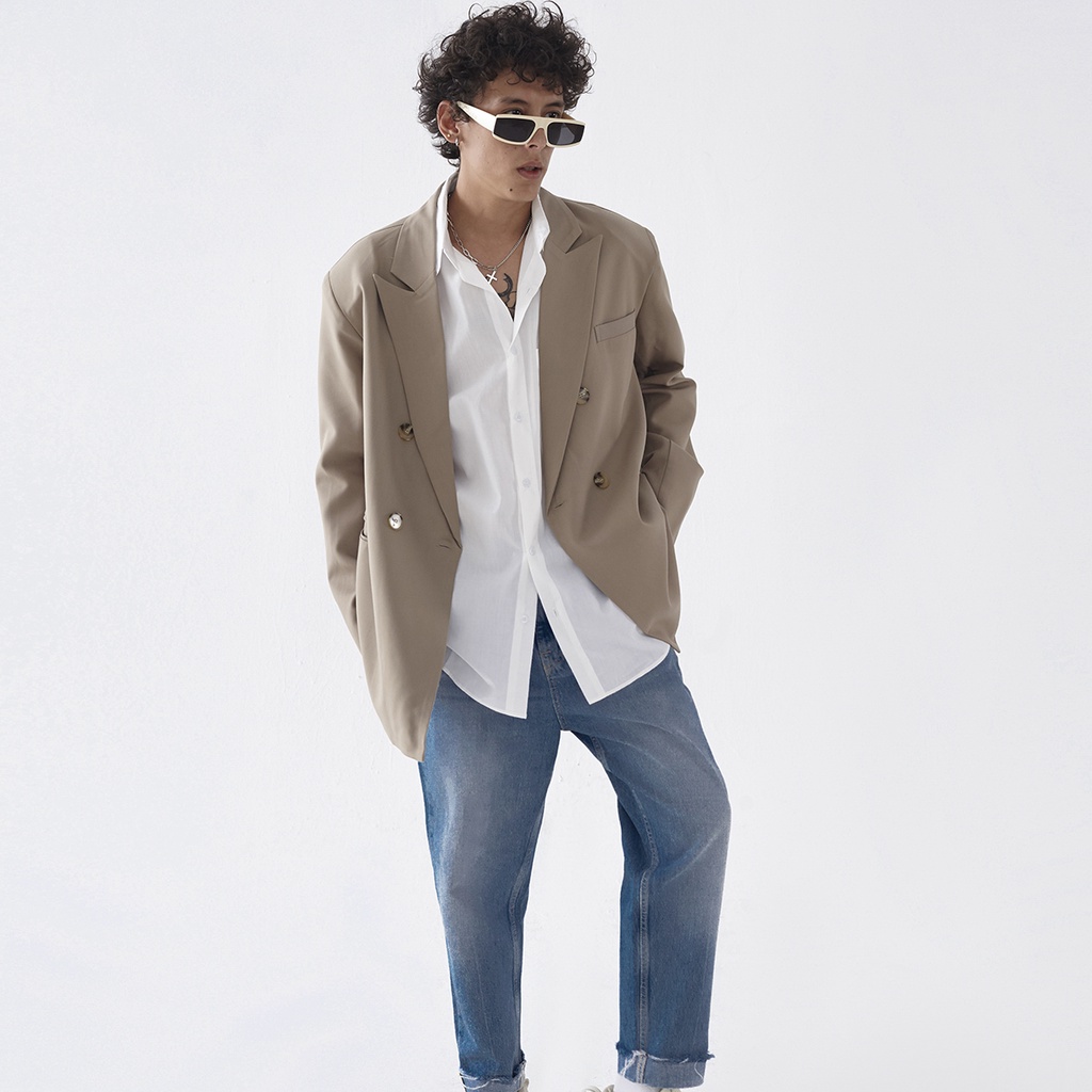 Áo Blazer, Vest Beige 2 hàng nút, vạt đắp chéo, form rộng - Double Breasted Beige Blazer