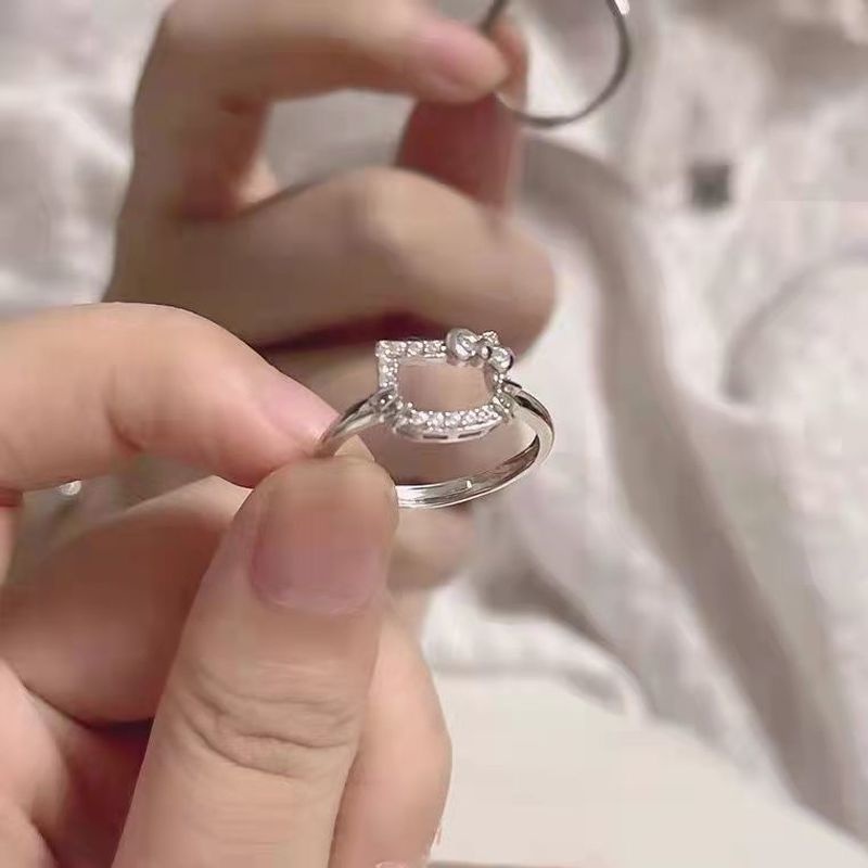 Nhẫn hợp kim màu bạc hình mèo đính đá đơn giản cho nữ