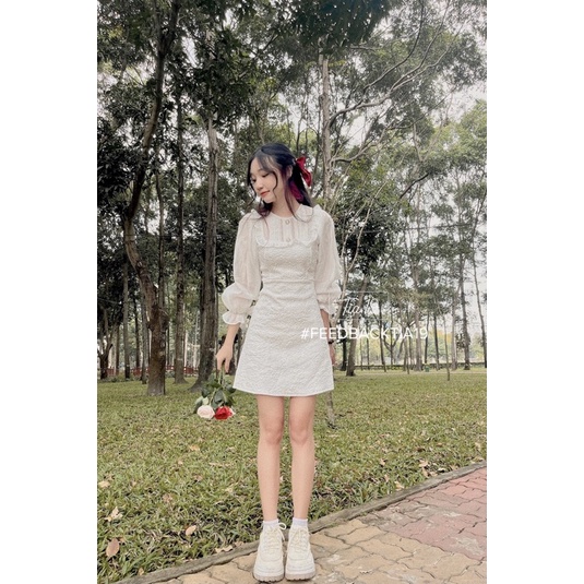 Váy trắng gấm cổ tròn dáng xoè Tia19. Đầm trắng dự tiệc cổ tròn tiểu thư ulzzang | BigBuy360 - bigbuy360.vn