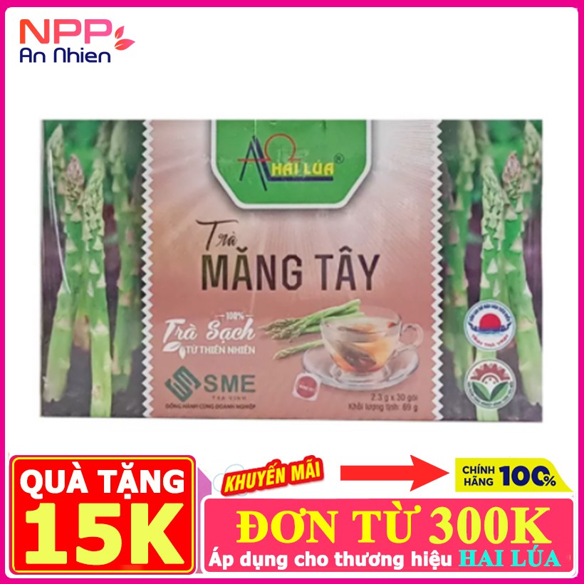 Hộp 30 gói Trà Măng Tây túi lọc Hai Lúa 69g [Trà sạch thiên nhiên hổ trợ cải thiện tim mạch, ngăn ngừa ung thư]