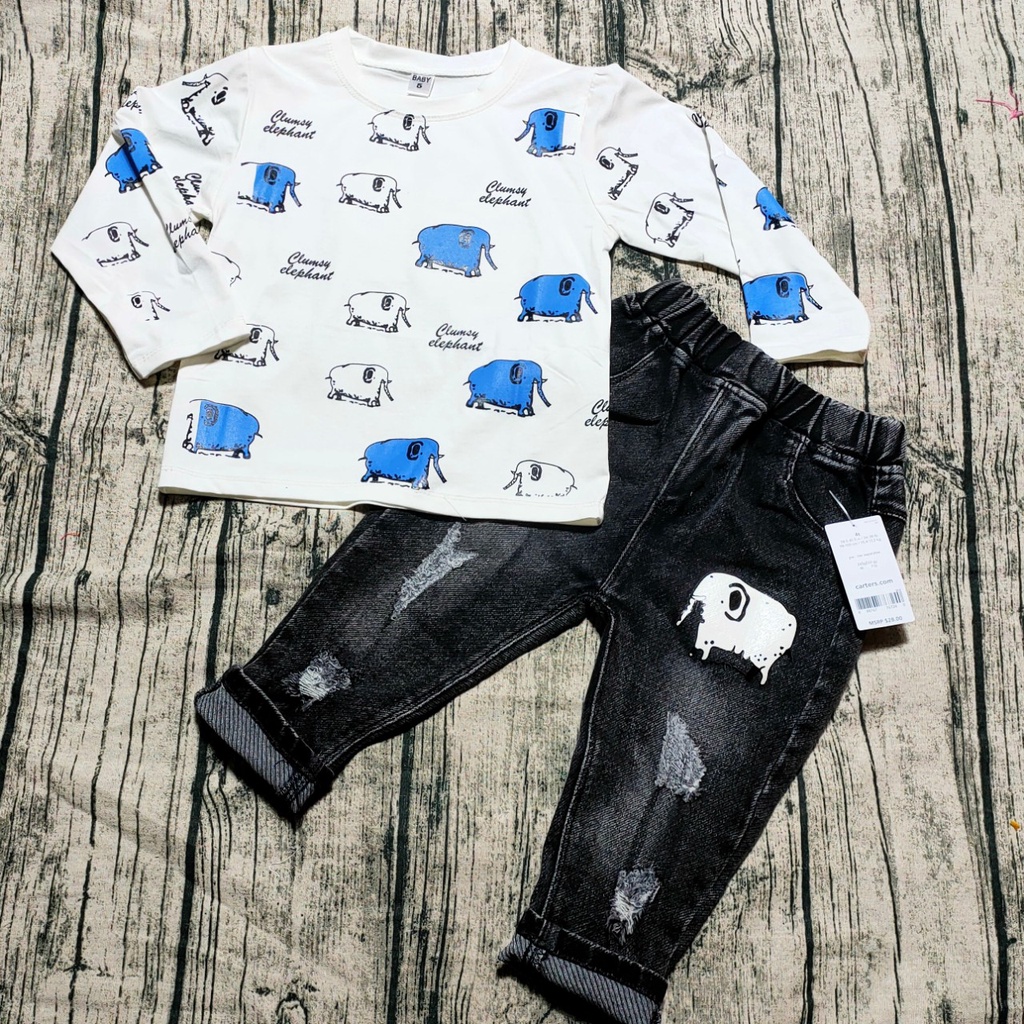 SET BỘ BÉ TRAI (2 - 6 TUỔI) ÁO THUN COTTON TAY DÀI IN HÌNH VOI - QUẦN JEAN DÀI 2 TÚI SAU CHẤT ĐẸP $ẢNH THẬT$
