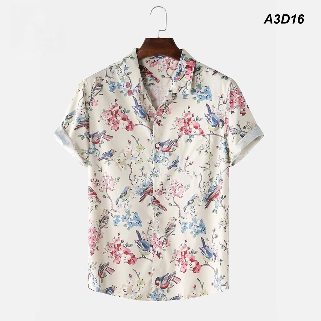 Áo sơ mi nam nữ đi biển vài lụa mềm họa tiết hoa đào mang đi biển áo nhóm mềm mát thấm co giãn
