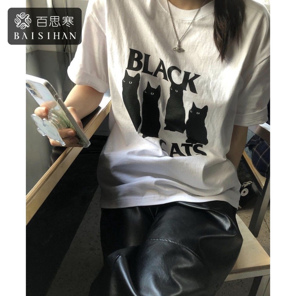 ■Áo Thun 100% Cotton Nguyên Chất Tay Ngắn Cổ Tròn In Hình Mèo 4 Phong Cách Hồng Kông Cho Nữ