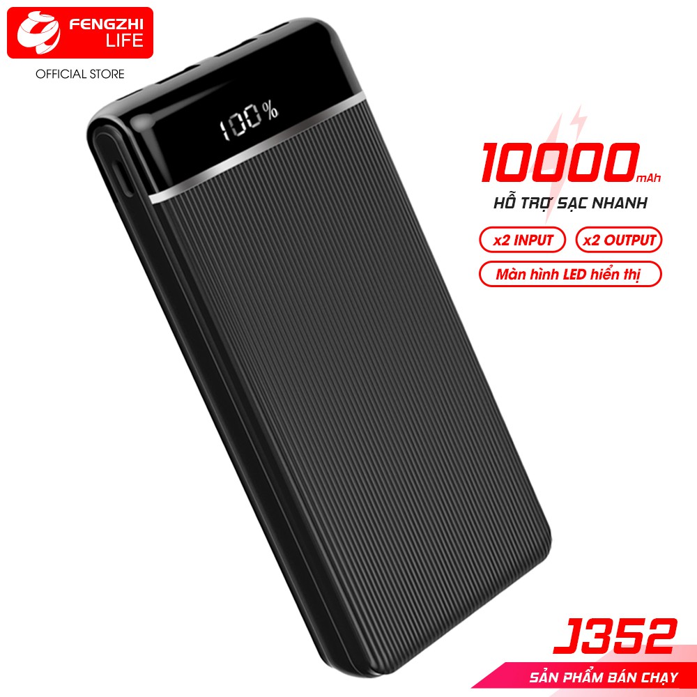 Pin Sạc dự phòng 10000mAh mini mỏng gọn có màn hình hiển thị phần trăm pin, cổng USB 2A, FENGZHI J352