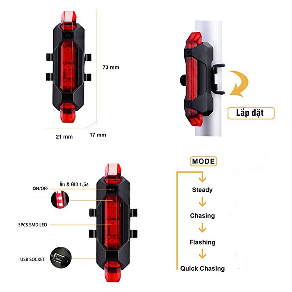 Đèn báo hiệu gắn đuôi xe đạp 5 bóng led