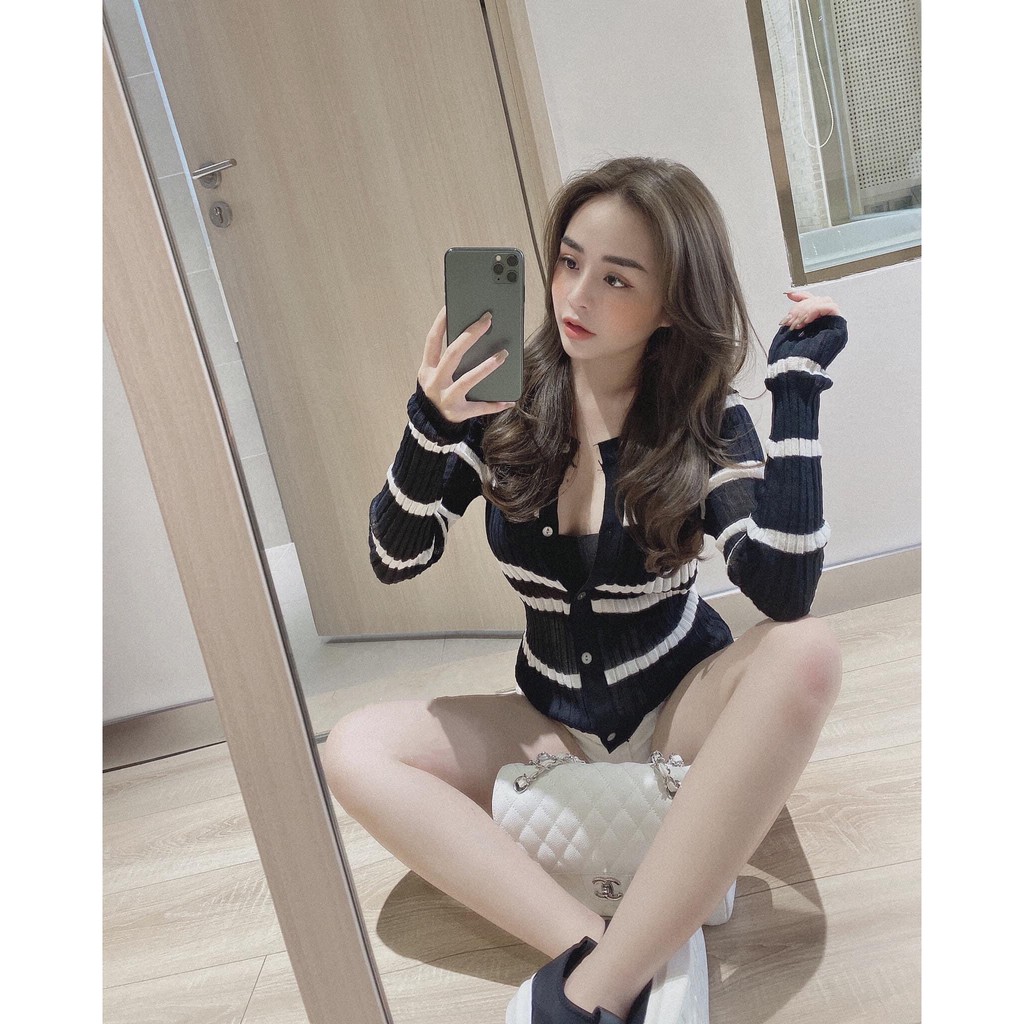 [ÁO CADIGAN] Áo Cardigan Len Mỏng, Áo Dệt Kim Tay Dài Sọc Ngang Mix Quần, Chân Váy Xinh | BigBuy360 - bigbuy360.vn
