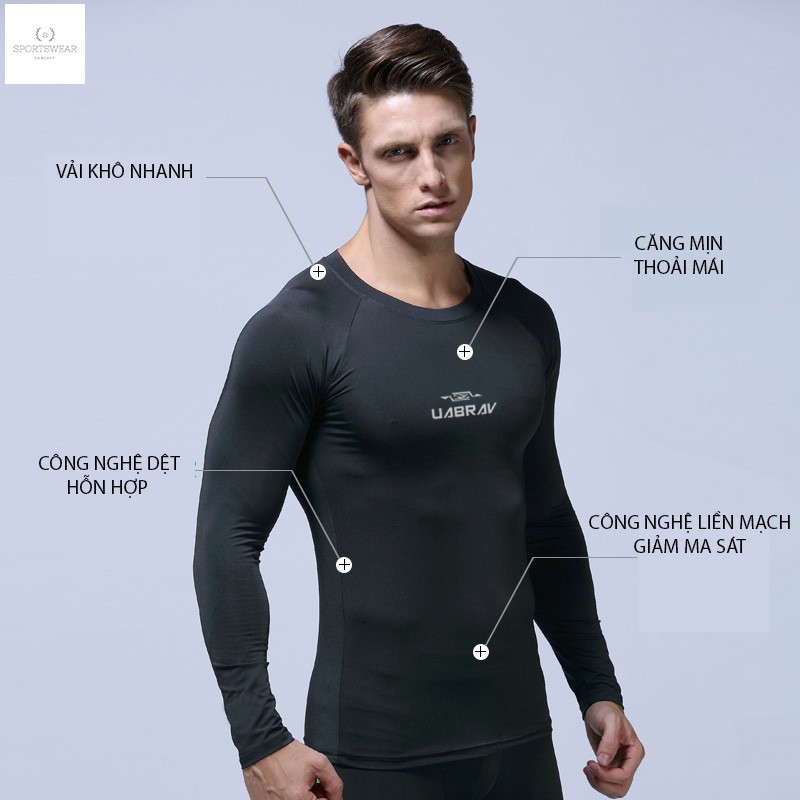 Áo gym nam tay dài ttrơn ôm sát UABRAV Sportswear Concept thoải mái mềm mịn khô thoáng và thời trang nam tính