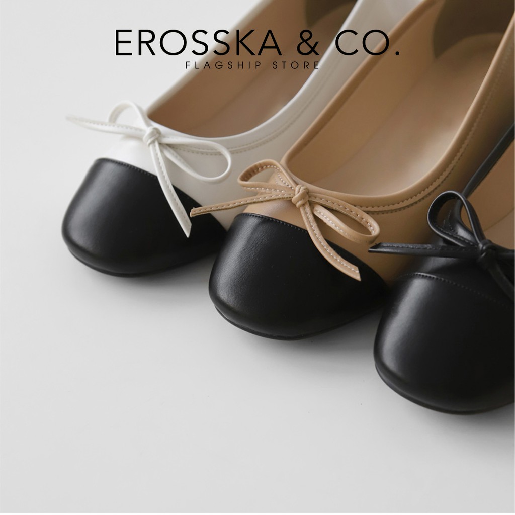 Giày bệt đế bằng Erosska đế cao su da mềm đính nơ màu nude _ ef011