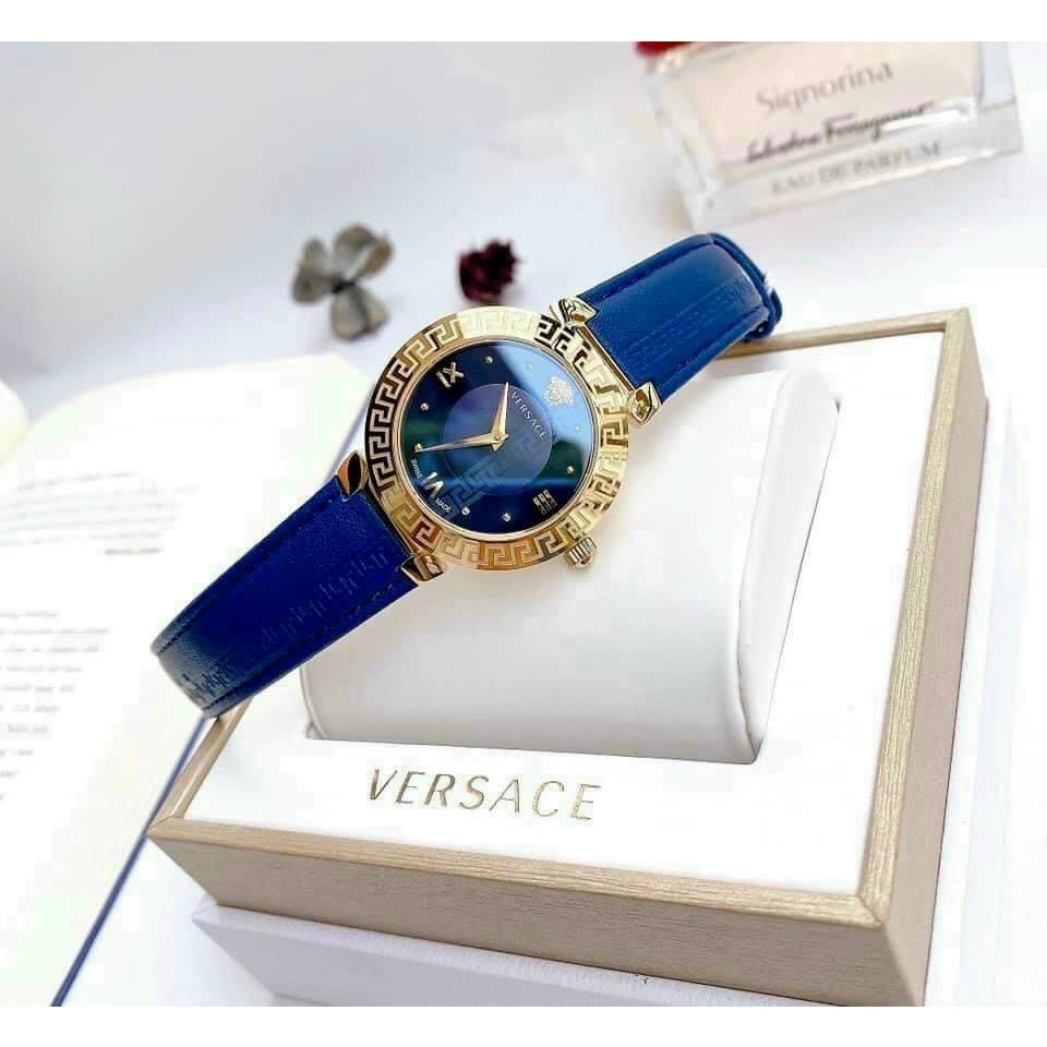 Đồng hồ đeo tay nữ, đồng hồ nữ chính hãng VERSACE full hộp cao cấp, siêu sang trọng, dây da xanh thời trang, cực đẹp