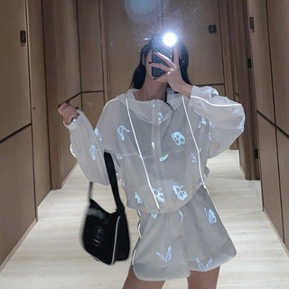 (Sẵn) Set đồ cá tính họa tiết bươm bướm phản quang 1 lớp - Áo khoác có mũ - Quần short chun lưng