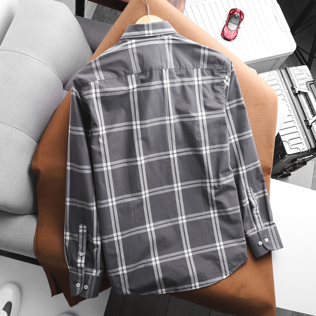 Áo sơ mi SASM64 caro lớn tay dài màu xanh / xám có túi trước ngực |SATOSHI|