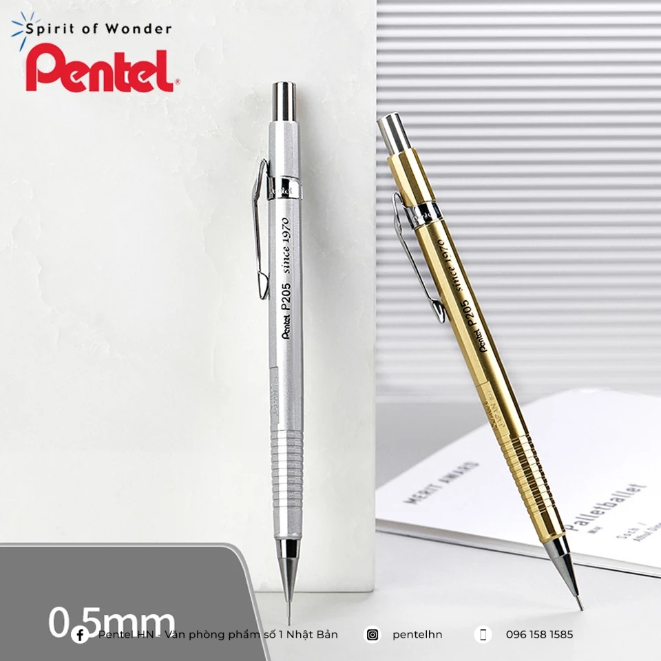 Bút Chì Kim Pentel P205 Ngòi 0.5mm | Đầu Bút Bằng Inox Chống Gỉ | Ruột Chì Tự Xoay Cho Nét Chì Luôn Đều Nhau