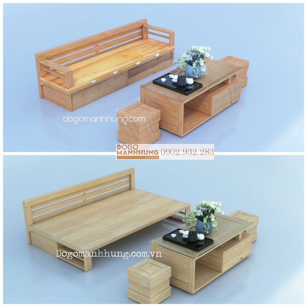 Bộ sofa giường gỗ sồi mặt liền màu gõ