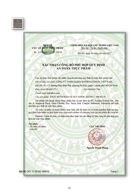 Thực phẩm bổ sung C elken, Ester c 500 plus elken