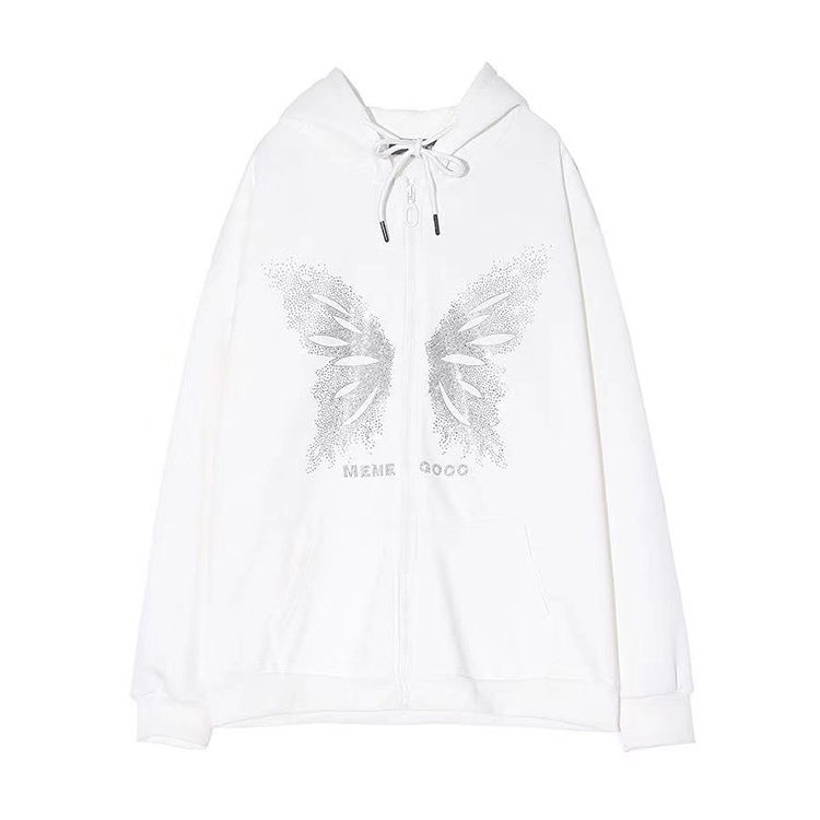 IELGY    Áo Khoác Hoodie Dáng Rộng Có Khóa Kéo In Họa Tiết Bướm Phong Cách Hàn Quốc Cho Nữ