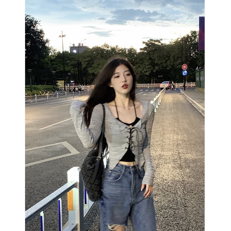 Kumikumi Bộ Áo Hai Dây Màu Trơn + Áo Khoác cardigan Dệt Kim Tay Dài Dáng Ngắn Phong Cách Hàn Quốc Thời Trang Cho Nữ