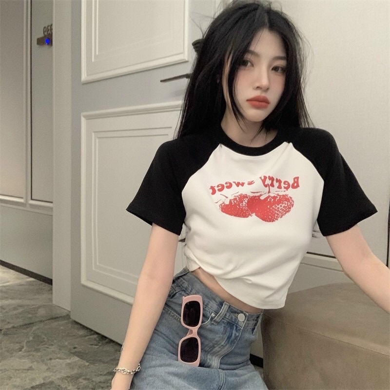 ÁO CROPTOP XINH PHỐI IN TRÁI DÂU TD7