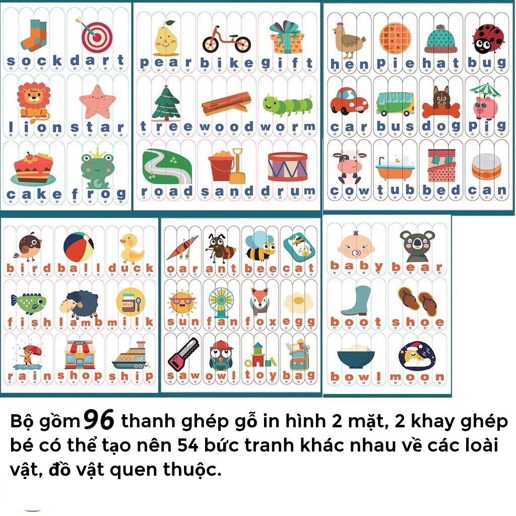 Bộ Đồ Chơi Xếp Hình 96 Que Gỗ Cho Bé Học Tiếng Anh Hiệu Quả, Que Gỗ Ghép Hình - Đồ Chơi Gỗ Thông Minh