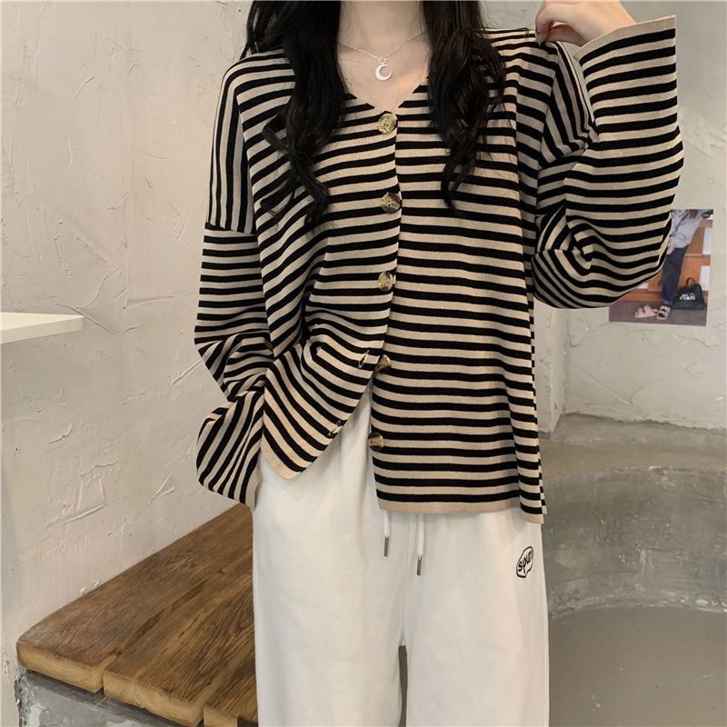 Áo khoác cardigan cổ chữ V tay dài họa tiết kẻ sọc thời trang